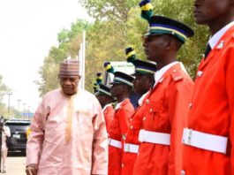 Minister of Police Affairs, Senator Ibrahim Gaidam inspecting Quarter Guard mounted by the cadets of the Police Academy during an official visit to the Police College Wudil, Kano State.