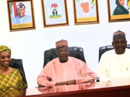 L-R: Special Adviser to the President on PEBEC & Investment Dr. Jumoke Oduwole, Minister of Police Affairs, Senator Ibrahim Giadam, and Permanent Secretary, Dr. Nasir Sani-Gwarzo during a meeting with the Presidential Enabling Business Environment Council (PEBEC) team at the Headquarters of the Ministry in Abuja.