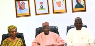 L-R: Special Adviser to the President on PEBEC & Investment Dr. Jumoke Oduwole, Minister of Police Affairs, Senator Ibrahim Giadam, and Permanent Secretary, Dr. Nasir Sani-Gwarzo during a meeting with the Presidential Enabling Business Environment Council (PEBEC) team at the Headquarters of the Ministry in Abuja.