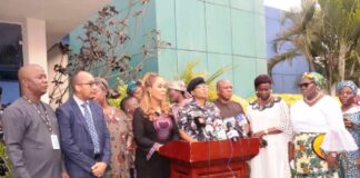 Honourable Minister of Women Affairs, Barrister (Mrs) Uju Kennedy-Ohanenye at the formal presentation of Mrs Adachukwu Okafor, the Onitsha-based Lawyer accused of molesting her 10-year-old househelp. To her immediate left is the National Coordinator, Police Campaign Against Cultism and Other Vices (POCACOV), CSP Okuwobi Iloabanafor