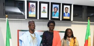 L-R, Dr. Dunoma Umar Ahmed, Permanent Secretary, Federal Ministry of Youth Development, Dr. Jamila Bio Ibrahim, Hon. Minister of Youth Development and Ms. Elsie Attafuah, Resident Representative, UNDP, during the courtesy call on the Minister in her office.