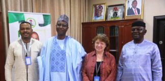 R-L:The Honourable Minister of Water Resources and Sanitation, Engr. Prof. Joseph Terlumun Utsev, UNICEF Chief of WASH, Dr Jane Bevan , the Permanent Secretary Alhaji Shehu Aliyu Shinkafi and Mr Jonathan Ekhator during a courtesy call on the Honourable Minister on Tuesday 26th March 2024 in Abuja