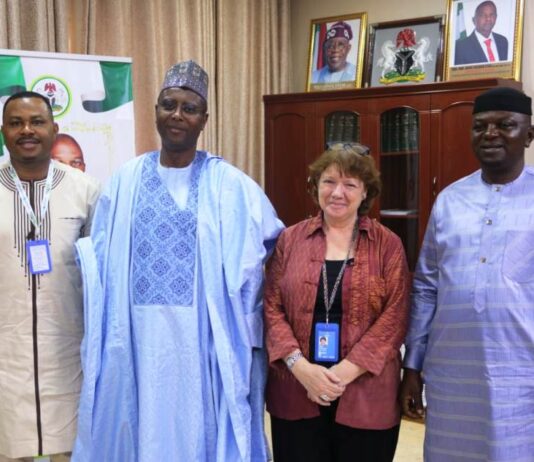 R-L:The Honourable Minister of Water Resources and Sanitation, Engr. Prof. Joseph Terlumun Utsev, UNICEF Chief of WASH, Dr Jane Bevan , the Permanent Secretary Alhaji Shehu Aliyu Shinkafi and Mr Jonathan Ekhator during a courtesy call on the Honourable Minister on Tuesday 26th March 2024 in Abuja