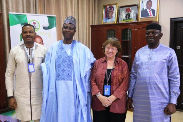 WASH4 R-L:The Honourable Minister of Water Resources and Sanitation, Engr. Prof. Joseph Terlumun Utsev, UNICEF Chief of WASH, Dr Jane Bevan , the Permanent Secretary Alhaji Shehu Aliyu Shinkafi and Mr Jonathan Ekhator during a courtesy call on the Honourable Minister on Tuesday 26th March 2024 in Abuja