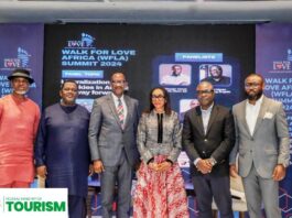 L-R: Toni Ukachukwu, Founder Walk For Love Africa; H.E Humphrey Geiseb, Amb. Namibia to Nigeria; Dr Richard Aisuebeogun; Hon. Min. Tourism – Lola Ade-John; Christopher Isaiah, Head of commercial GHI Assests; Tayo Orisadare Director, Government Affairs Green Africa