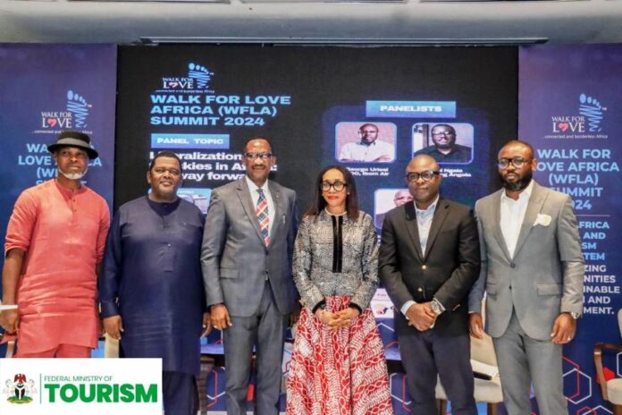 Walk For Love Africa Summit 2024 L-R: Toni Ukachukwu, Founder Walk For Love Africa; H.E Humphrey Geiseb, Amb. Namibia to Nigeria; Dr Richard Aisuebeogun; Hon. Min. Tourism – Lola Ade-John; Christopher Isaiah, Head of commercial GHI Assests; Tayo Orisadare Director, Government Affairs Green Africa