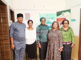 The Permanent Secretary, Ministry of Solid Minerals Development MSMD, Dr Mary Ogbe (middle) flanked on her (immediate right) by the former Permanent Secretary Ministry of Mines and Steel Development, MMSD, Barr. Dame Georgina Ehuria and the National Vice President (South), Amb. Regina Edzuwah (extreme right) with the Chairman, Board of Trustees, Women in Mining in Nigeria, Dr Emeka Okengwu (extreme left) followed by the President/ Founder, Women in Mining in Nigeria, Engr Janet Adeyemi at the inauguration ceremony held at the Ministry's Headquarters, Abuja on Thursday March 14, 2024