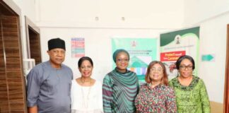 The Permanent Secretary, Ministry of Solid Minerals Development MSMD, Dr Mary Ogbe (middle) flanked on her (immediate right) by the former Permanent Secretary Ministry of Mines and Steel Development, MMSD, Barr. Dame Georgina Ehuria and the National Vice President (South), Amb. Regina Edzuwah (extreme right) with the Chairman, Board of Trustees, Women in Mining in Nigeria, Dr Emeka Okengwu (extreme left) followed by the President/ Founder, Women in Mining in Nigeria, Engr Janet Adeyemi at the inauguration ceremony held at the Ministry's Headquarters, Abuja on Thursday March 14, 2024
