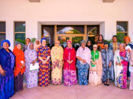 First Lady of the Federal Republic of Nigeria, Senator Oluremi Tinubu( middle) flanked to the left by the wife of the Vice President of the Federal Republic of Nigeria Hajia Nana Shettima and to the right by the Wife of the Senate President Mrs Unnoma Ekaette Akpabio and other wives of state governors after the quarterly meeting of Zonal and State Coordinators of the Renewed Hope Initiative RHI at the State House Abuja on Wednesday 27th March