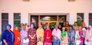 First Lady of the Federal Republic of Nigeria, Senator Oluremi Tinubu( middle) flanked to the left by the wife of the Vice President of the Federal Republic of Nigeria Hajia Nana Shettima and to the right by the Wife of the Senate President Mrs Unnoma Ekaette Akpabio and other wives of state governors after the quarterly meeting of Zonal and State Coordinators of the Renewed Hope Initiative RHI at the State House Abuja on Wednesday 27th March