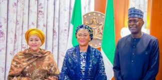 L-R UN Deputy Secretary-General, Amina Mohammed, the First Lady of the Federal Republic of Nigeria Senator Oluremi Tinubu, CON and the Resident Coordinator of the UN in Nigeria Mohammed Mustapha Malik Fall after a courtesy visit by the UN team to the First Lady’s office at the State House Abuja on Wednesday 20th March