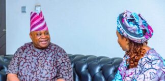 Executive Governor of Osun State, His Excellency, Dr. Ademola Adeleke during his courtesy visit to the Honourable Minister of Women Affairs, Barrister (Mrs) Uju Kennedy-Ohanenye in her office in Abuja