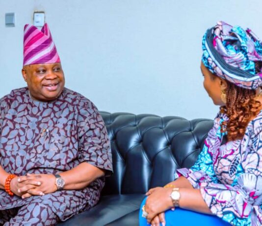 Executive Governor of Osun State, His Excellency, Dr. Ademola Adeleke during his courtesy visit to the Honourable Minister of Women Affairs, Barrister (Mrs) Uju Kennedy-Ohanenye in her office in Abuja