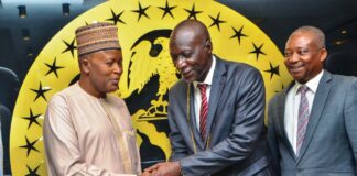 Hon. Minister of State Housing and Urban Development, Abdullahi Tijjani Gwarzo; receiving President, Nigeria Institute of Brokers and Lender; QS, Hayatuddeen Auwal with members of his Delegations during a courtesy visits to the Ministry.