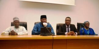 Permanent Secretary, Ministry of Petroleum Resources, Amb. Nicholas Agbo Ella (2nd Left)) ; Director, Planning Research and Statistics in the Ministry, Mr. Usman Abdulkadir(1st left); Director, Human Resources Management in the Ministry, Mrs. Shehu Asma'u Adaji (1st right) and Prof. Olu Olasode of TL First Consulting Group delivering his closing remarks at the end of the retreat.