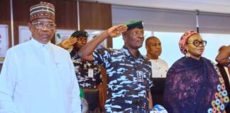 Minister of Police Affairs, Senator Ibrahim Gaidam, Inspector General of Police IGP Olukayode Egbetokun, and Minister of State for Police Affairs, Hajia Imaan Sulaiman-Ibrahim during an official visit of the Ministers and management of the Ministry of Police Affairs to the Headquarters of the Nigeria Police Force in Abuja