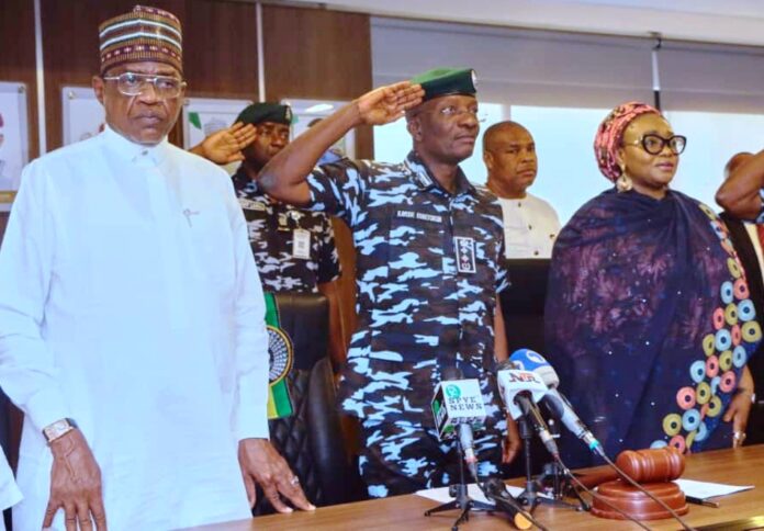 official visit of the Ministers2 Minister of Police Affairs, Senator Ibrahim Gaidam, Inspector General of Police IGP Olukayode Egbetokun, and Minister of State for Police Affairs, Hajia Imaan Sulaiman-Ibrahim during an official visit of the Ministers and management of the Ministry of Police Affairs to the Headquarters of the Nigeria Police Force in Abuja