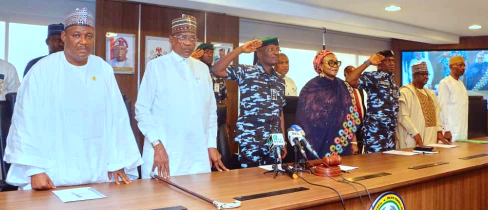 Permanent Secretary, Dr. Nasir Sani-Gwarzo; Minister of Police Affairs, Senator Ibrahim Gaidam; Inspector General of Police IGP Olukayode Egbetokun; Minister of State for Police Affairs, Hajia Imaan Sulaiman-Ibrahim; DIG Frank Mba; Executive Secretary, Nigeria Police Trust Fund, Abdullahi Bala during an official visit of the Ministers and management of the Ministry of Police Affairs to the Headquarters of the Nigeria Police Force in Abuja
