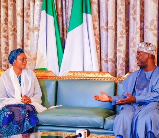 The First Lady of the Federal Republic of Nigeria, Senator Oluremi Tinubu CON listening to Senator representing Lagos East and Chairman Senate Committee on Banking and Finance Senator Adetokunbo Abiru when the Senators representing the 3 senatorial districts in Lagos paid a courtesy to the First Lady at her office at the State House, Abuja on Thursday 14th March 2024.