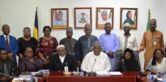 Seated |L-R: DCP Aremu Bamidele; Director Finance & Account (NPTF), Omotosho Olubunmi; Director Legal (NPTF), Mallam A. A. Adamu; Permanent Secretary, Dr. Nasir Sani Gwazo; Director Legal (MPA), Fati Lamorde; Director Police Inspectorate (MPA), Bola Aderele; Director Planning, Research and Statistics, Azeez Margaret; Deputy Director Legal (FMOJ), Sangaril Victoria Mariam, and others members during the inauguration of the 24-man committee on review of the Nigeria Police Trust Fund (NPTF) Act 2019 at the Ministry Headquarters in Abuja.