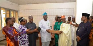 (4th left) Permanent Secretary Federal Ministry of Humanitarian Affairs and Poverty Alleviation, Abel Enitan, (5th left) Permanent Secretary Ministry of Foreign Affairs, His Excellency , Ambassador Adamu Ibrahim Lamuwa, during the handing over of 50 Tonnes of dates donated by the Kingdom of Saudi Arabia for distribution to Internally Displaced Persons across Nigeria, held on Friday 26th April, 2024, at Ministry of Foreign Affairs, Abuja.