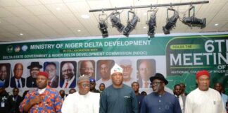 L-R, THE DEPUTY GOV OF ABIA STATE, *Ikechukwu Emetu, The* Hon.Min Of Niger Delta Development, *Engr.Abubakar Momoh,* The Rep.Of the president of Nigeria, *Prince Audu Abubakar* , The Exc Gov of Delta State, *Sheriff Oborevwori* and the Gov.of Imo state, *Hope Uzodimma* during the 6th national council meeting in Delta State.