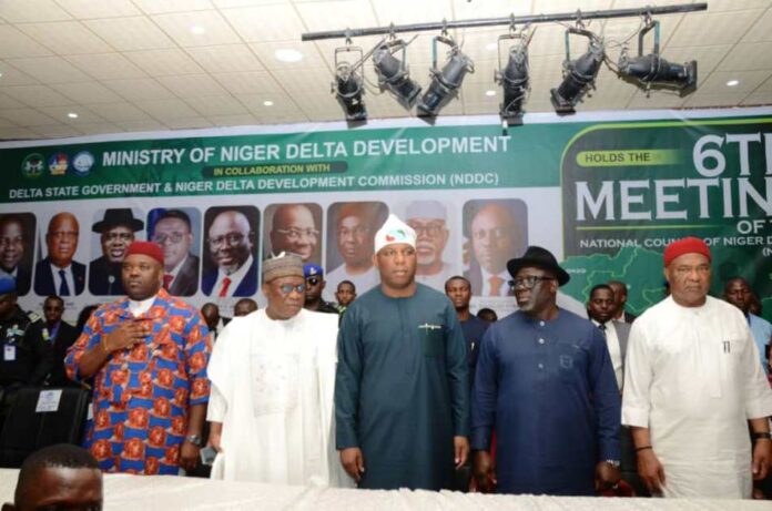 6th national council meeting in Delta State L-R, THE DEPUTY GOV OF ABIA STATE, *Ikechukwu Emetu, The* Hon.Min Of Niger Delta Development, *Engr.Abubakar Momoh,* The Rep.Of the president of Nigeria, *Prince Audu Abubakar* , The Exc Gov of Delta State, *Sheriff Oborevwori* and the Gov.of Imo state, *Hope Uzodimma* during the 6th national council meeting in Delta State.