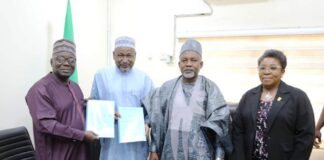 The Minister of State for Education, Hon. Dr. Yusuf Tanko Sununu, from his left the Permanent Secretary of the Federal Ministry of Education, Mrs. Didi Esther Walson-Jack, from his right Executive Secretary of National Board for Technical Education (NBTE), Prof. Bugaje I.M, and the Pharmacy Council of Nigeria (PCN) Pharm. Ibrahim Babashola Ahmed