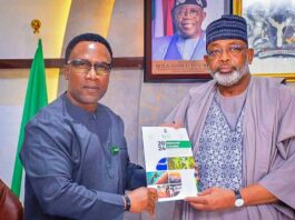The Director General, Nimet, Prof Charles Anosike, and Minister of Agriculture and Food Security, Sen Abubakar Kyari, during the Joint Press Briefing in Abuja, recently.