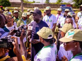 Hon. Minister of State for Youth Development, Ayodele Olawande responding to Press interview during his working visit to the Oyo State NYSC Orientation camp today, April 23, 2024.