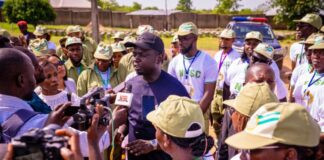 Hon. Minister of State for Youth Development, Ayodele Olawande responding to Press interview during his working visit to the Oyo State NYSC Orientation camp today, April 23, 2024.