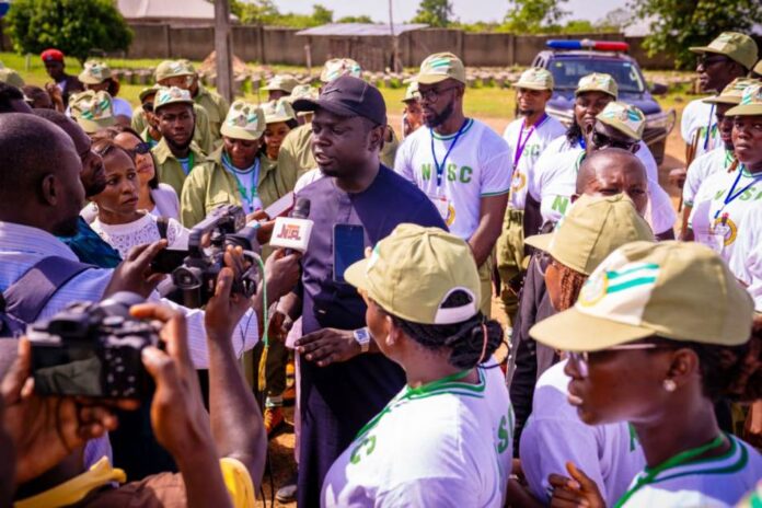 Corpreneur Support Initiative Hon. Minister of State for Youth Development, Ayodele Olawande responding to Press interview during his working visit to the Oyo State NYSC Orientation camp today, April 23, 2024.