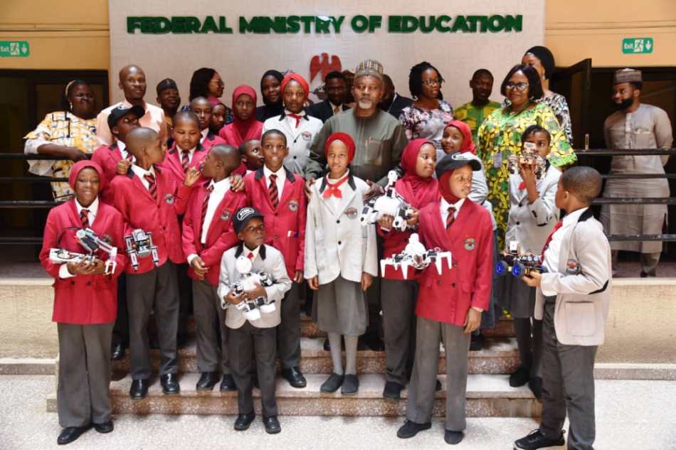 Students of STEM Child Care making presentation in robotic engineering to the Hon. Minister of State for Education, Hon. Yusuf Tanko Sununu and Directors of the Ministry during a courtesy visit to exhibit projects on Artificial intelligence (AI) and Robotics in Abuja on Tuesday. I6/04/2024