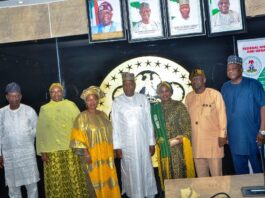 Honourable Minister of State for Housing and Urban Development, Abdullahi Tijjani Gwarzo in meeting with the delegation from the International Women Communication Centre (IWCC), at the ministry's headquarters Abuja.