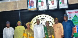 Honourable Minister of State for Housing and Urban Development, Abdullahi Tijjani Gwarzo in meeting with the delegation from the International Women Communication Centre (IWCC), at the ministry's headquarters Abuja.