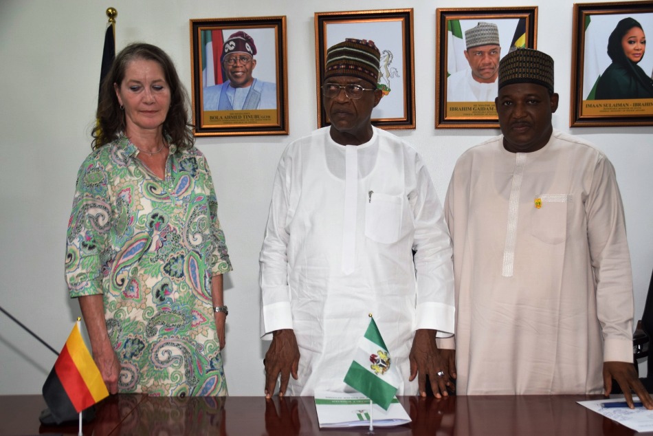 German Ambassador to Nigeria, Her Excellency, Annett Gunther, Minister of Police Affairs, Senator Ibrahim Gaidam, and Permanent Secretary, Dr. Nasir Sani Gwarzo during the visit of the German Ambassador to Nigeria, to the headquarters of the Ministry of Police Affairs in Abuja.