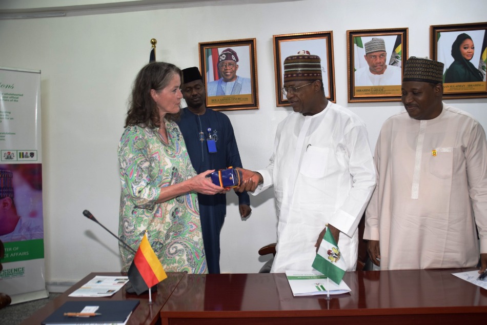 German Ambassador to Nigeria, Her Excellency, Annett Gunther, Minister of Police Affairs, Senator Ibrahim Gaidam, and Permanent Secretary, Dr. Nasir Sani Gwarzo during the visit of the German Ambassador to Nigeria, to the headquarters of the Ministry of Police Affairs in Abuja.
