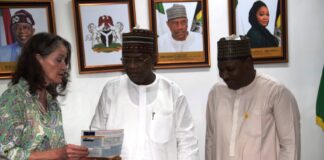 German Ambassador to Nigeria, Her Excellency, Annett Gunther, Minister of Police Affairs, Senator Ibrahim Gaidam, and Permanent Secretary, Dr. Nasir Sani Gwarzo during the visit of the German Ambassador to Nigeria, to the headquarters of the Ministry of Police Affairs in Abuja.