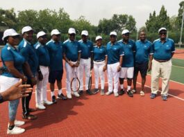 Representative of President Bola Ahmed Tinubu, Minister of Sports Development Senator John Owan Enoh flanked by IBB Golf Club Members during the Ceremonial Tee Off.