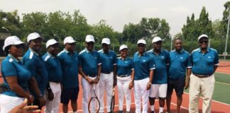 Representative of President Bola Ahmed Tinubu, Minister of Sports Development Senator John Owan Enoh flanked by IBB Golf Club Members during the Ceremonial Tee Off.