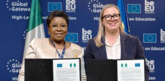 The Permanent Secretary Education Mrs Didi Walson-Jack OON mni with Commissioner Juptta Urpilainen during Global Gateway High -Level Event on Education in Brussels.