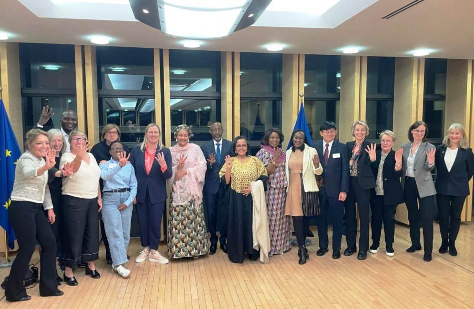 The group picture of participants during Global Gateway High -Level Event on Education in Brussels with the Permanent Secretary of Education Mrs Didi Walson-Jack OON mni 7th to the right.