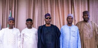 he Honourable Minister of Water Resources and Sanitation, Engr. Prof. Joseph Terlumun Utsev FNSE, FNICE, FNIWE, (2nd Left) was joined by the Honourable Minister of State, Rt. Hon. Bello Muhammad Goronyo Esq., (L) and the Permanent Secretary, Alhaji Shehu Aliyu Shinkafi, FCNA, (2nd Right) in hosting a courtesy visit from the Executive Governor of Borno State, Prof. Babagana Zulum,(Middle ) and the Borno State Commissioner for Information and Internal Security, Prof. Usman Tar, (R) in Abuja today.