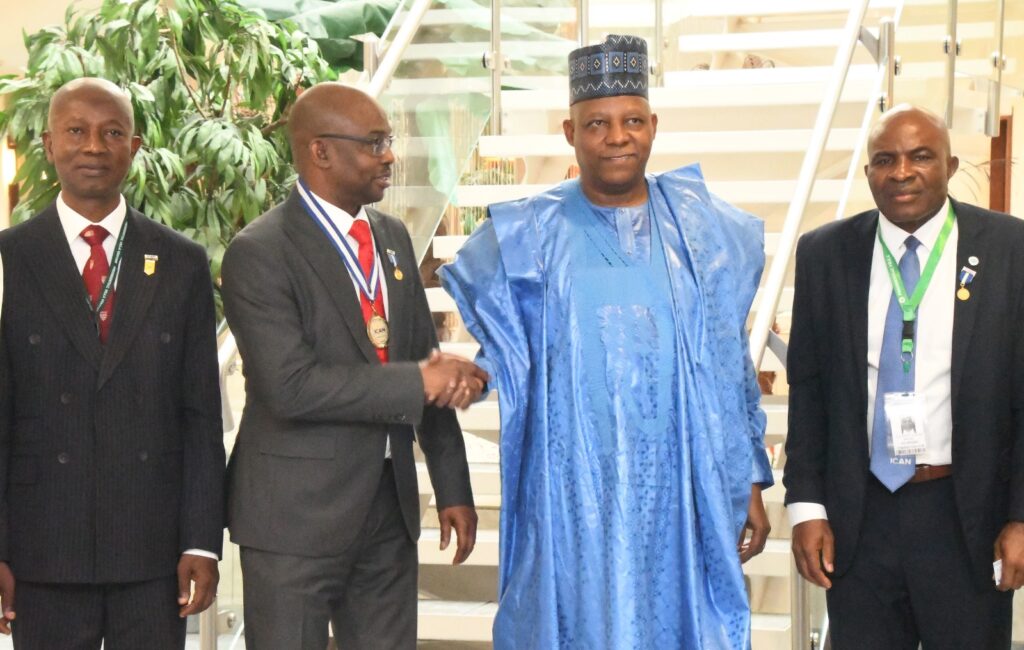 From left. ICAN 1ST Deputy Vice President , Mallam Haruna Yahaya; ICAN President , Dr. Innocent Okwuosa ; Vice President Kashim Shettima and ICAN Vice President , Chief Davidson –Stephen during meeting of ICAN Executives with the Vice President at the Presidential Villa in Abuja on Wednesday (17/4/24) .