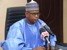 The Honourable Minister of State, Federal Ministry of Water Resources and Sanitation, Rt. Hon. Bello Muhammad Goronyo, Esq., who represented the Honourable Minister, Engr. Prof. Joseph Terlumun Utsev, delivering the inaugural address during the inauguration of two additional members of the Task Team, Chairs, and Co-Chairs of Committees for the hosting of the ICID-6th African Regional Conference (ARC) today, Thursday, 4th April, 2024, at the Ministry's Conference Room in Abuja.