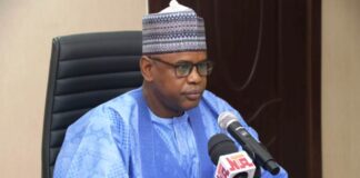 The Honourable Minister of State, Federal Ministry of Water Resources and Sanitation, Rt. Hon. Bello Muhammad Goronyo, Esq., who represented the Honourable Minister, Engr. Prof. Joseph Terlumun Utsev, delivering the inaugural address during the inauguration of two additional members of the Task Team, Chairs, and Co-Chairs of Committees for the hosting of the ICID-6th African Regional Conference (ARC) today, Thursday, 4th April, 2024, at the Ministry's Conference Room in Abuja.