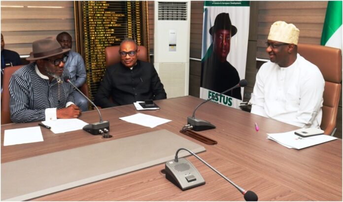 (R-L): Hon. Minister of Aviation and Aerospace Development; Festus Keyamo, Permanent secretary Ministry of Aviation and Aerospace Development, Dr. Emmanuel Meribole and at the Inauguration of the National Executive Safety Committee.