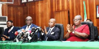L/R : HAGF and Minister of Justice, Lateef Fagbemi , SAN, President Nigeria Bar Association, Yakubu Maikyau, SAN, S A to the President on Justice Sector Reform/ICT, Fernandez Marcus and Director Information and Public Relations, Mrs Modupe Ogundoro during the Ministerial Press Briefing on National Summit on Justice, 2024 at the Federal Ministry of Justice, Abuja. 11/4/2024