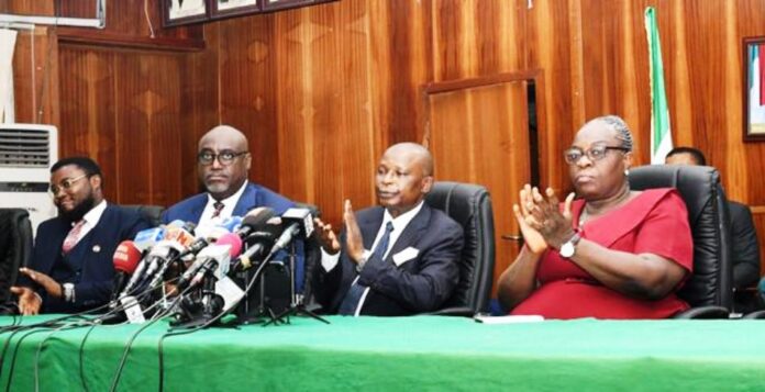 Justice Accessible to all Nigerians2 L/R : HAGF and Minister of Justice, Lateef Fagbemi , SAN, President Nigeria Bar Association, Yakubu Maikyau, SAN, S A to the President on Justice Sector Reform/ICT, Fernandez Marcus and Director Information and Public Relations, Mrs Modupe Ogundoro during the Ministerial Press Briefing on National Summit on Justice, 2024 at the Federal Ministry of Justice, Abuja. 11/4/2024