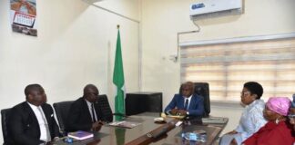 Honourable Minister of State for Education, Hon.Yusuf Tanko Sununu meets with Management of Lead British International School in his Conference hall. On ( L) the Permanent Secretary Mrs Didi Walson-Jack OON mni and the Directors to his (R) the Management of Lead British International School.Abuja.